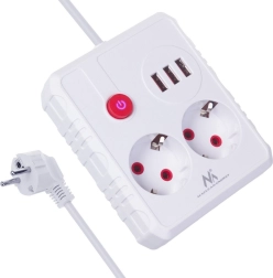 Multiprise parafoudre avec rallonge, 2 prises et 3× USB, 2500 W, câble 1,5 m, blanc