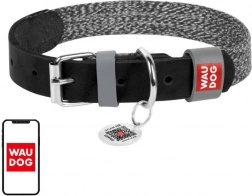 Collier en cuir naturel et coton recyclé avec code QR Waudog pour chiens de taille moyenne – Noir