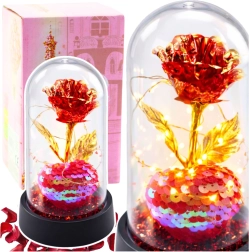 Rose rouge éternelle en cristal sous cloche avec éclairage LED et petit cœur