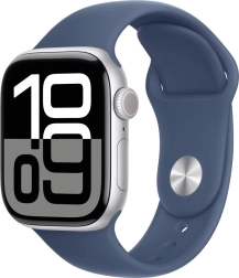 Apple Watch Series 10 GPS, boîtier en aluminium 42 mm, couleur argent avec bracelet sport en denim - taille M/L