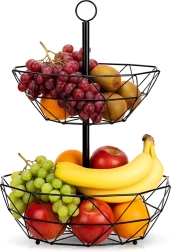 Panier à fruits métallique à deux étages – support géométrique noir
