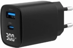 Chargeur rapide GaN 30 W avec USB‑C et USB‑A, écran LCD, noir