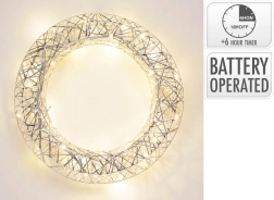 Couronne LED métallique argentée avec minuterie, 40 cm
