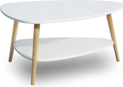 Table basse moderne avec étagère et pieds en bois, coloris blanc
