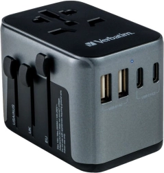 adaptateur de voyage universel verbatim uta-03 avec pd 30 w et qc 3.0, 3× usb-c et 2× usb-a