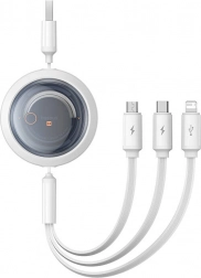 câble de charge rétractable 3‑en‑1 BASEUS Free2Draw USB‑A vers USB‑C, Lightning et micro USB, 3,5 A, 1,1 m blanc