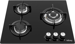 Table de cuisson à gaz encastrable ISEASY avec 3 brûleurs, verre noir, grilles en fonte