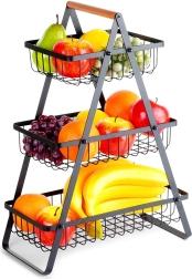 Corbeille à fruits en métal à trois étages avec poignée en bois, noire