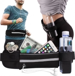 Ceinture de running avec porte-bouteille, bande réfléchissante et passage pour écouteurs – noir