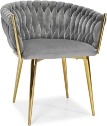 Chaise glamour en velours avec dossier tressé 3D et pieds dorés, gris