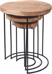 Tables basses rondes en métal et teck – lot de 3 pièces