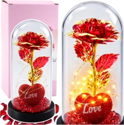 Rose éternelle en cristal sous cloche avec éclairage LED – Rouge avec cœur