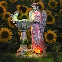 Ange solaire de jardin avec bain d’oiseaux et éclairage LED RVB