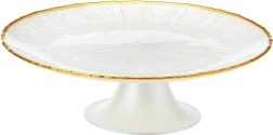 Présentoir à gâteau en verre sur pied blanc avec bord doré 21 cm