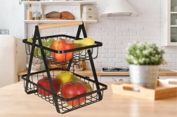 Panier à fruits métallique à deux niveaux avec poignée en bois, noir