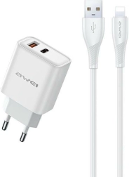 Awei chargeur secteur GaN 22,5 W USB + USB‑C avec câble USB‑A/Lightning