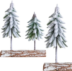 Composition de Noël décorative avec sapins enneigés sur base en bois 34 × 28 cm