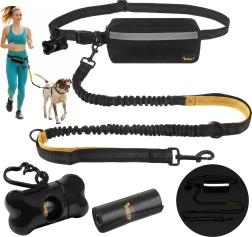 Ceinture lombaire Purlov avec laisse amortie réglable pour chien 2 m jusqu’à 50 kg, avec sac banane pour friandises et étui à sacs