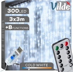 Rideau lumineux suspendu avec télécommande 300 LED 3 × 3 m, blanc froid