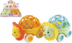 Hochet voiture avec petit animal, en plastique, 14 cm, roues libres, 2 couleurs