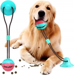 Jouet pour chien interactif avec ventouse et balle distributeur de friandises – rouge‑turquoise