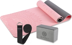Ensemble rose de yoga HMS – tapis, brique et sangle