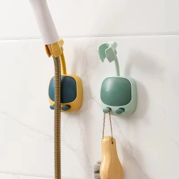 Support de douche adhésif réglable avec deux crochets – jaune et bleu foncé