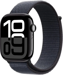 Apple Watch Série 10 GPS, boîtier en aluminium 46 mm couleur onyx avec bracelet sportif en encre