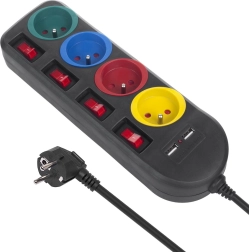 Multi-prise avec interrupteurs 4 prises + 2xUSB noir
