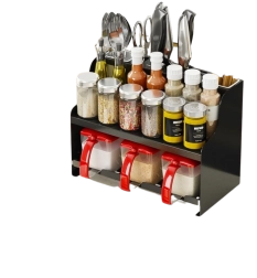 Organisateur d’épices multifonction à deux niveaux avec compartiments pour accessoires de cuisine – noir