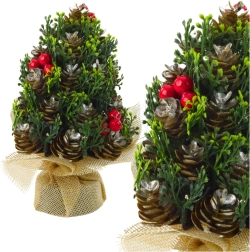 Mini sapin de Noël avec pommes de pin et baies rouges 17 × 10 cm