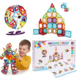 Jeu de construction magnétique avec petites voitures et remorque – 130 pièces