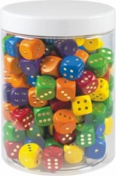 Dés de jeu en bois colorés 16 mm – 150 pcs dans une boîte en plastique