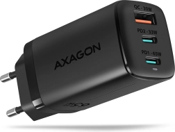 chargeur secteur AXAGON GaN 65W, 3 ports (USB-A + 2× USB-C), PD 3.0/QC 4+, PPS, noir