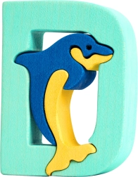 Lettre en bois D avec dauphin – puzzle éducatif à encastrer