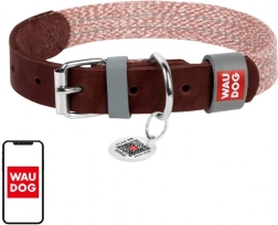 Collier en cuir naturel et coton recyclé avec code QR Waudog pour chiens de taille moyenne – Marron