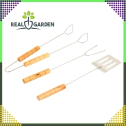 Set d’ustensiles de barbecue 3-en-1 – pince, spatule et fourchette en acier inoxydable avec manche en bois