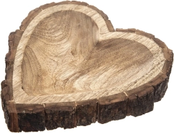 Plateau en bois de manguier avec motif cœur, décor écorce, 22 × 22 × 3 cm