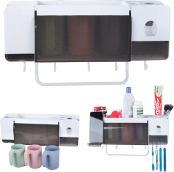Organisateur mural pour brosses à dents avec distributeur de dentifrice et 3 gobelets, blanc