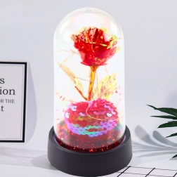 Rose cristalline éternelle sous cloche avec éclairage LED et cœur 14x8cm