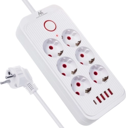 Multiprise parasurtenseur avec 6 prises, 4× USB‑A et 1× USB‑C, 2500 W, blanc