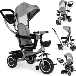 Tricycle poussette 2-en-1 pour enfants, siège pivotant et capote pliable, gris ECOTOYS