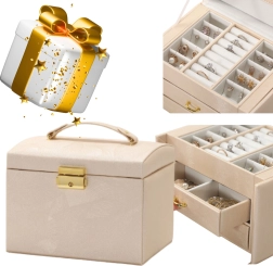 Boîte à bijoux multi-niveaux avec poignée – ferrures dorées, beige