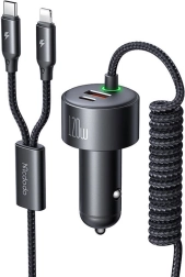 chargeur de voiture Macdodo 120 W avec USB‑C et Lightning, câbles rétractables