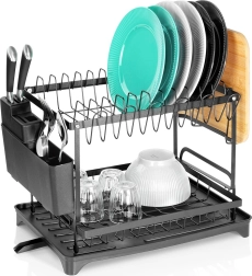 Égouttoir à vaisselle métallique noir à deux niveaux 42 × 29 × 36,5 cm