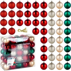 Set de boules de Noël incassables 6 cm, rouges, vertes et champagne, 50 pièces