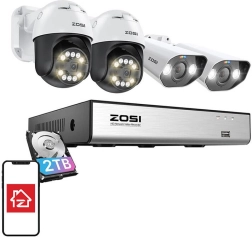 Kit de caméras IP ZOSI 2× C296 Wi‑Fi 5MP et 2× C182 Wi‑Fi 8MP avec NVR 8 canaux et HDD 2 To