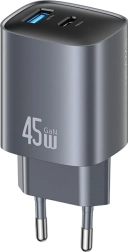 Chargeur secteur GaN 45 W avec USB‑C et USB‑A, argent