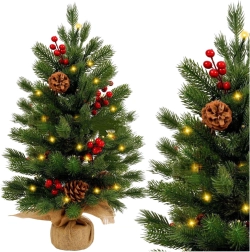 Petit sapin de Noël artificiel de table avec baies rouges et lumières LED 60 × 20 cm