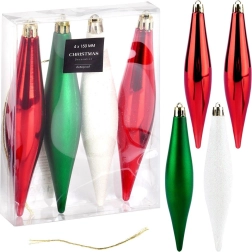 Boules de Noël incassables – gouttes rouge, vert et blanc, 15 cm, set de 4 pièces